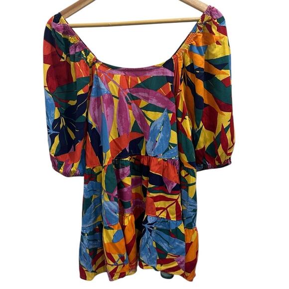 Terra & Sky Multicolor Tropical Leaf Tiered Peasant Blouse Resort Wear Dopamine - Picture 3 of 9